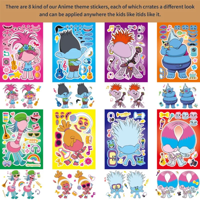 Trolls Puzzle Stickers 16PCS Cartoon Anime DIY Parent-child Interaction Educational Stickers Children\'s Toys Kids Birthday Gifts