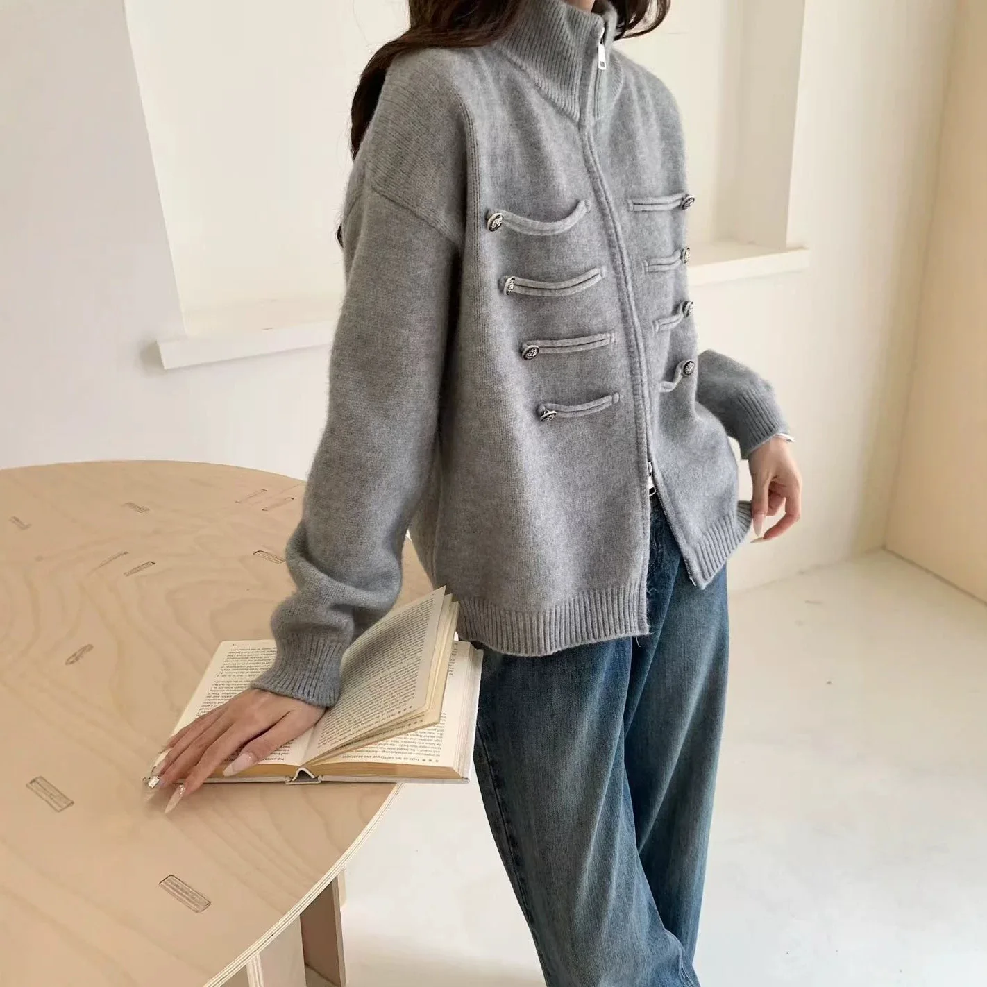 2026 Autumn Fashion Female Knitwear Casual Women's Cardigan Sweater Turtleneck Zippers Full Sleeve Button Decoration Lady Coats