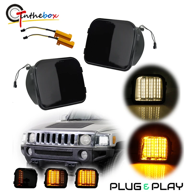 Gtinthebox Dual-color Sequential Amber LED Front Bumper Turn Signal Light w/ White DRL/Driving Light For 2006-2010 Hummer H3 H3T