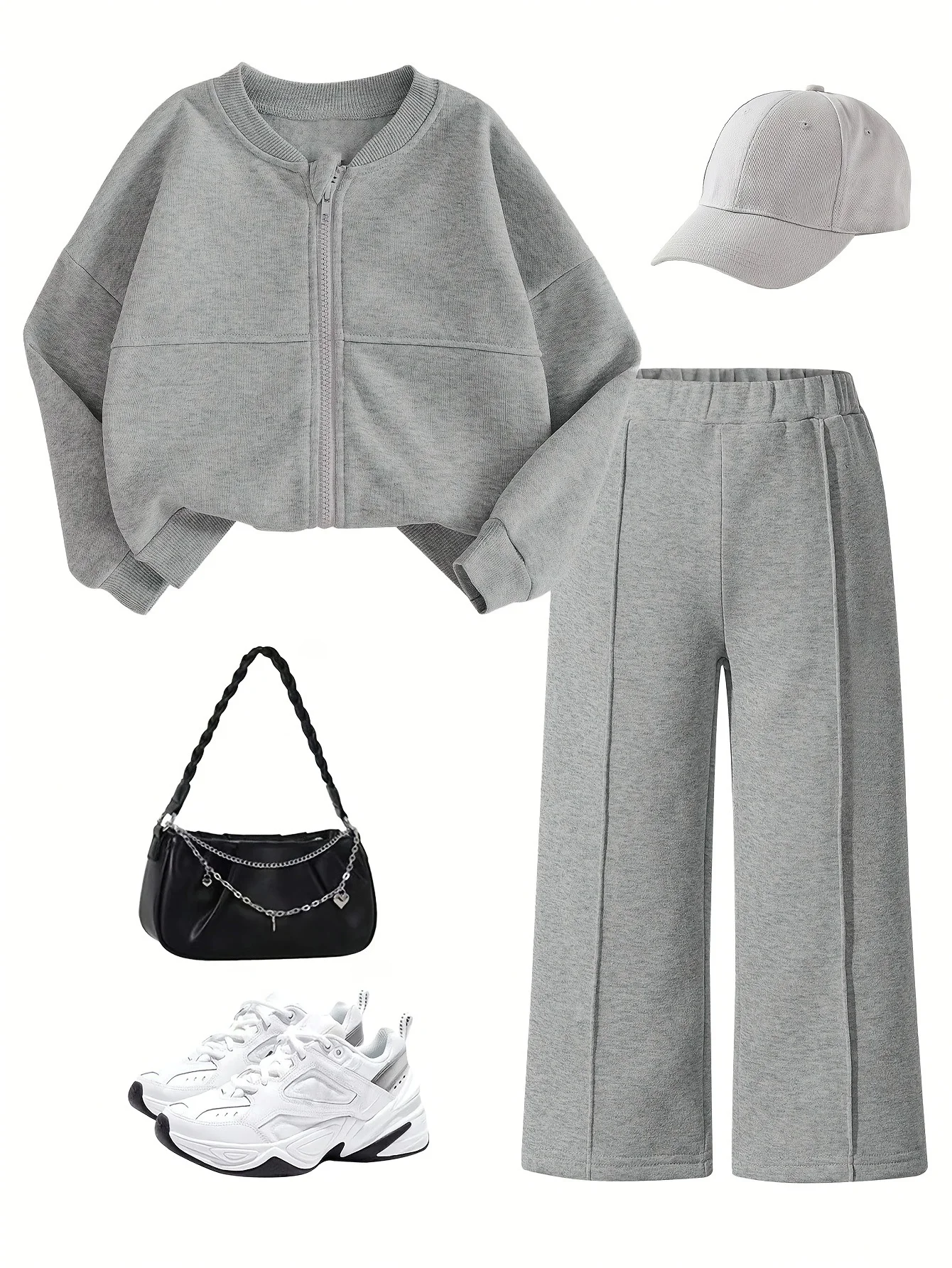 Mädchen 2-teiliges Sport-Casual-Set (Frühling/Herbst): Jacke in Melange-Grau mit Reißverschluss + lässige Hose mit weitem Bein und mittiger Naht – Detail 3