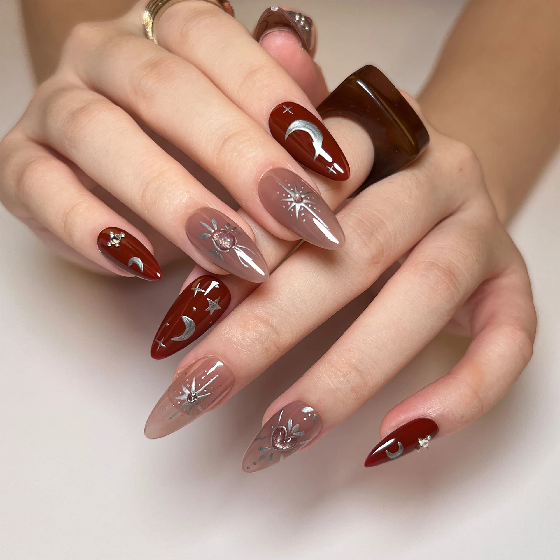

10Pcs Polka Dot with Diamonds Handmade Wareable Press on Nails Full Cover Cat Eye Design False Nails Manicure Nail Tips Art