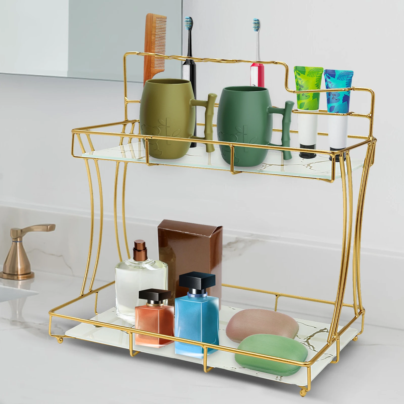 

Bymaocar Golden Bathroom Skincare Shelf, 2-layer Detachable Storage Tray with Toothbrush Holder, Iron Kitchen Counter Decoration