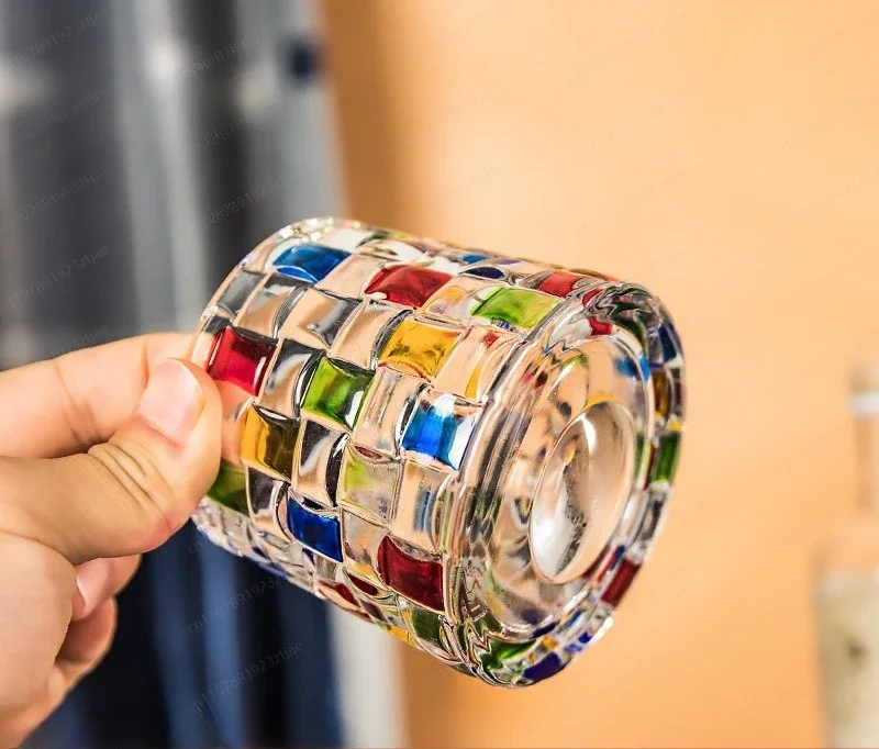 Thickened stained glass creative rotating whiskey wine glass hand-painted rotating cup with wooden holder decompression cup