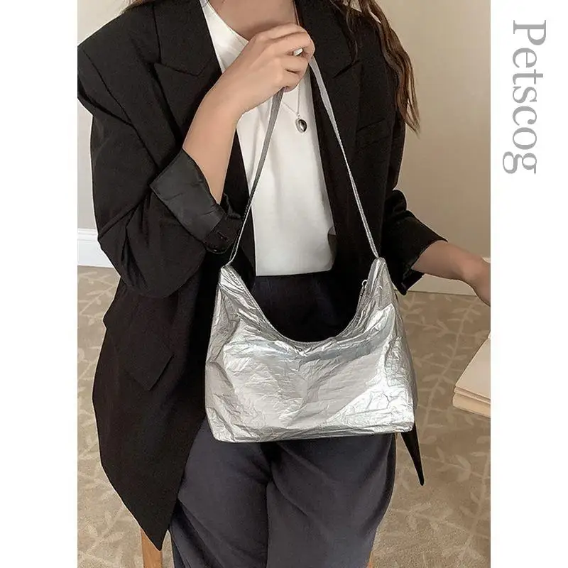 Pleated Design Handbags For Women Glossy Pu Leather Zipper Underarm Hobo Clutch Purse Korean Fashion Ladies Silver Shoulder Bags