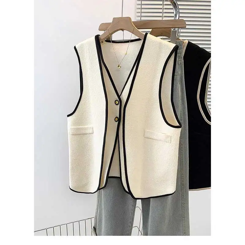 

Женская одежда, весенне-осенняя модная корейская пуговица, однотонный женский универсальный модный вязаный свободный жилет без рукавов с v-образным вырезом