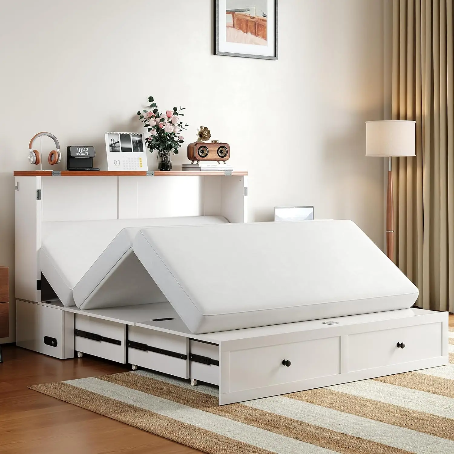Murphy Cabinet Bed Queen Tri-Fold Mattress Space-Saving Guest Room White, Customized