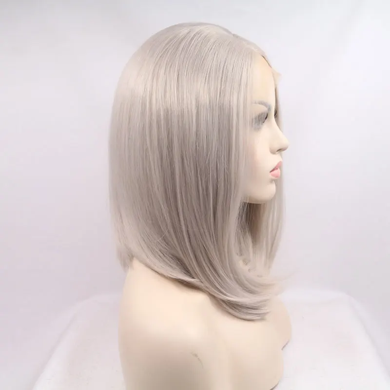 Peluca de cabello sintético con encaje frontal para mujer, pelo corto recto Bob, gris Platino, 13x4, fibra resistente al calor, alta calidad, Cosplay