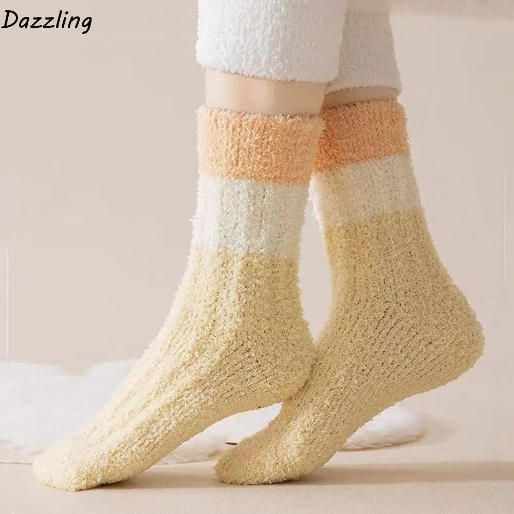 

3Pairs Kawaii Thickened Coral Fleece Socks Stripe Winter Floor Plush Socks Hosiery Sleeping Mid Tube Socks Women For Female Men