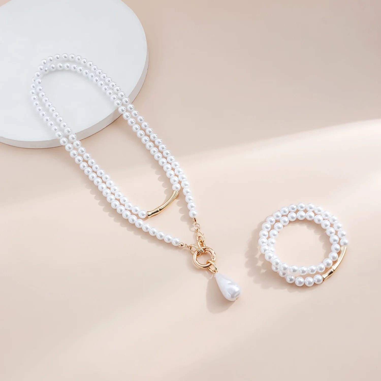 Cross border light luxury retro adjustable layered necklace set, double-layer water droplet imitation pearl necklace for women
