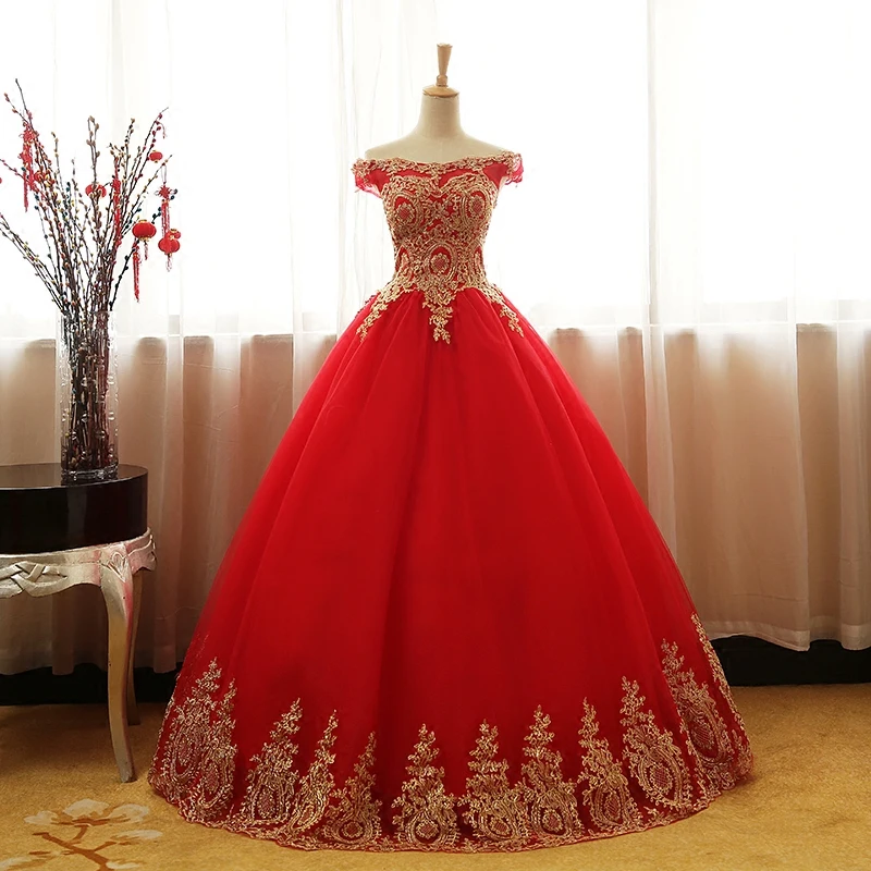 Vestidos de quinceañera rojos a la moda con hombros descubiertos, vestido de fiesta largo hasta el suelo, estilo Vintage de encaje dorado, talla