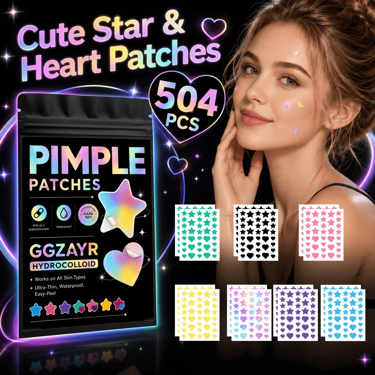 504PCS Star Heart Pimple Patches Colorful Hydrocolloid Face Stickers Thin Waterproof Spot Covers for Day Night Travel Party