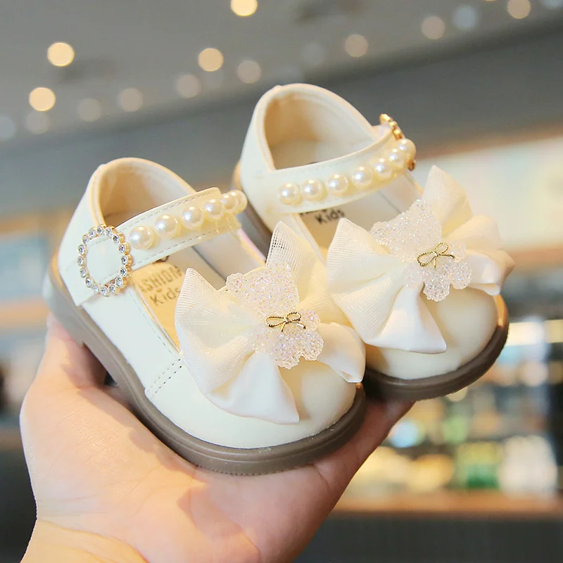 Baby Girl Princess Fashionable Pearl Bow Bear Shoes Soft Sole Toddler Shoes Mary Jane Flat Leather Shoes