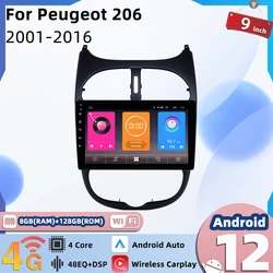 Rádio Automóvel Android para Peugeot 206, Leitor de Áudio Multimídia, Navegação GPS, Unidade Principal, 2 Din, Tela Estéreo, Autoradio, 2001-2016