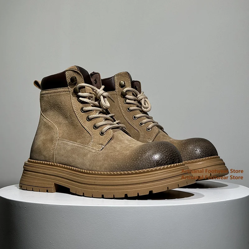 Thick-Soled Motorcycle Men's Boots Retro British Style Outdoor Leisure Hiking Workwear Ankle Boots Height Increasing Men Boots