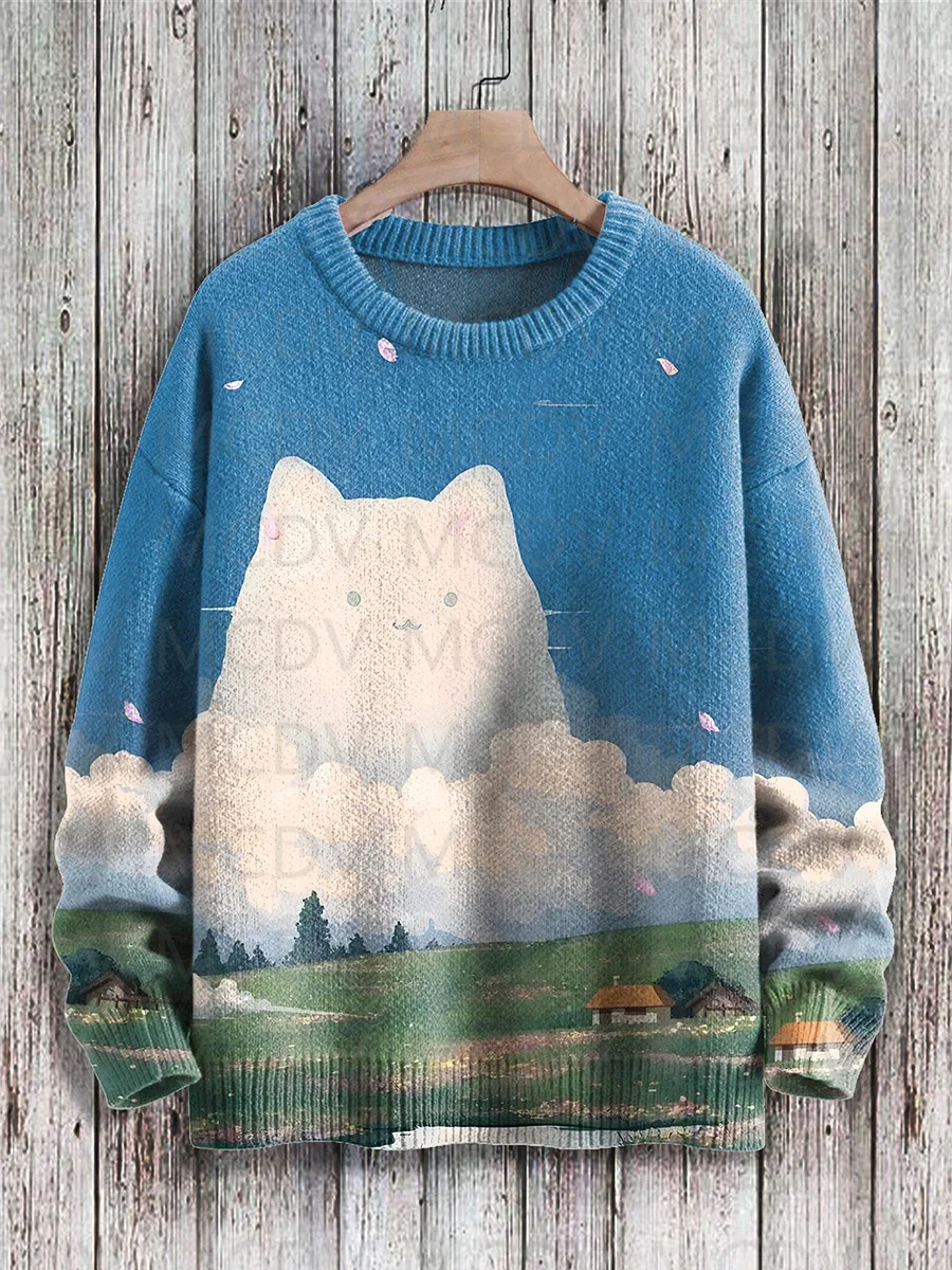 Retro Japanese Style Painting Cat Art Casual Print Knit Pullover Sweater Women For Men Sweater