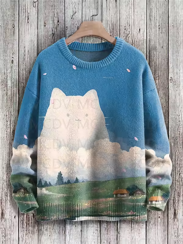 Retro Japanese Style Painting Cat Art Casual Print Knit Pullover Sweater Women For Men Sweater - Image 3