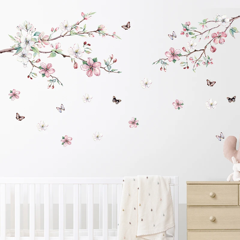 Pokój dziewczyn naklejki ścienne akwarela różowa brzoskwinia Blossom naklejki ścienne z motylem do salonu sypialnia kobiety prezenty Home Decoration