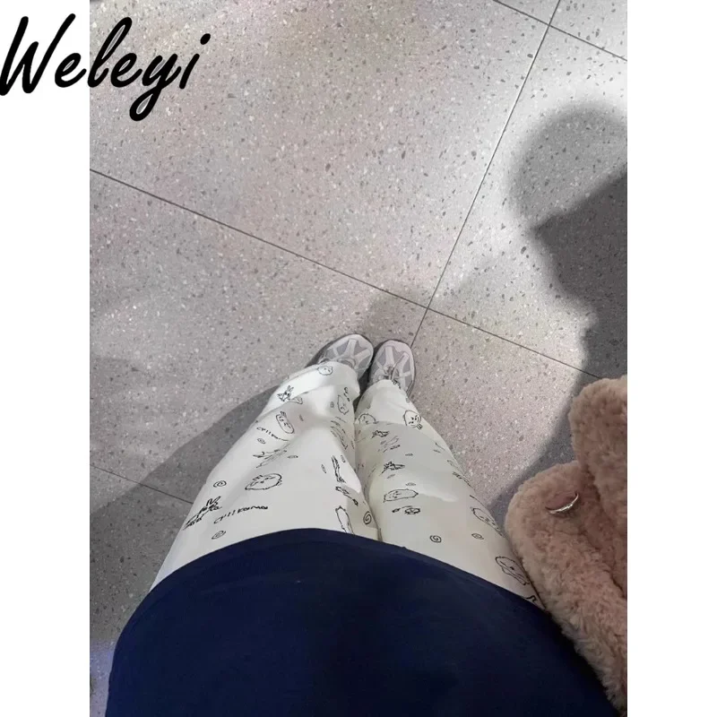 Japanese Sweet Graffiti Printed Straight Pants Student Female 2024 Summer Autumn Cute Loose Casual Simple Thin Trousers Women