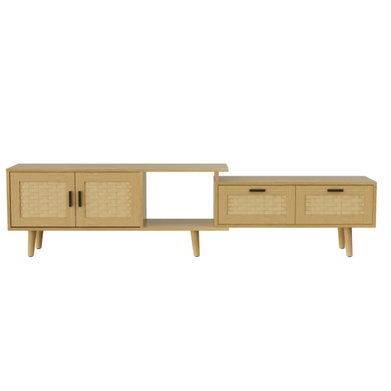 Rosahqnda TV-Ständer 146-180x30x44 cm mit ausziehbarem Design, TV-Schrank aus Rattan mit 2 Schubladen und offenen Ablagefächern, 2-türiger Aufbewahrungsschrank für das Wohnzimmer, Spanplatte und MDF,