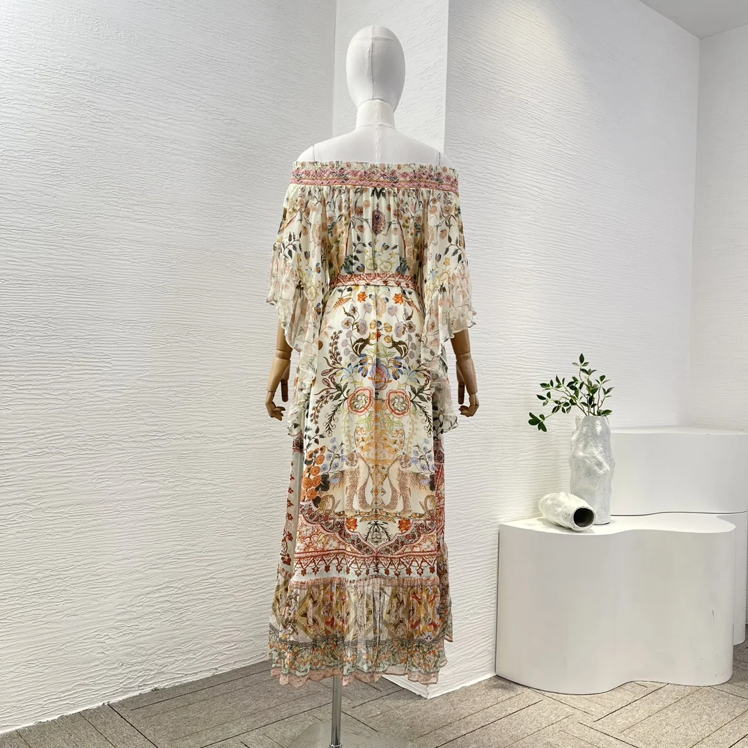 2024 New Multi Color Floral Print Long Sleeve Off The Shoulder Diamonds Loose Midi Dress for Women