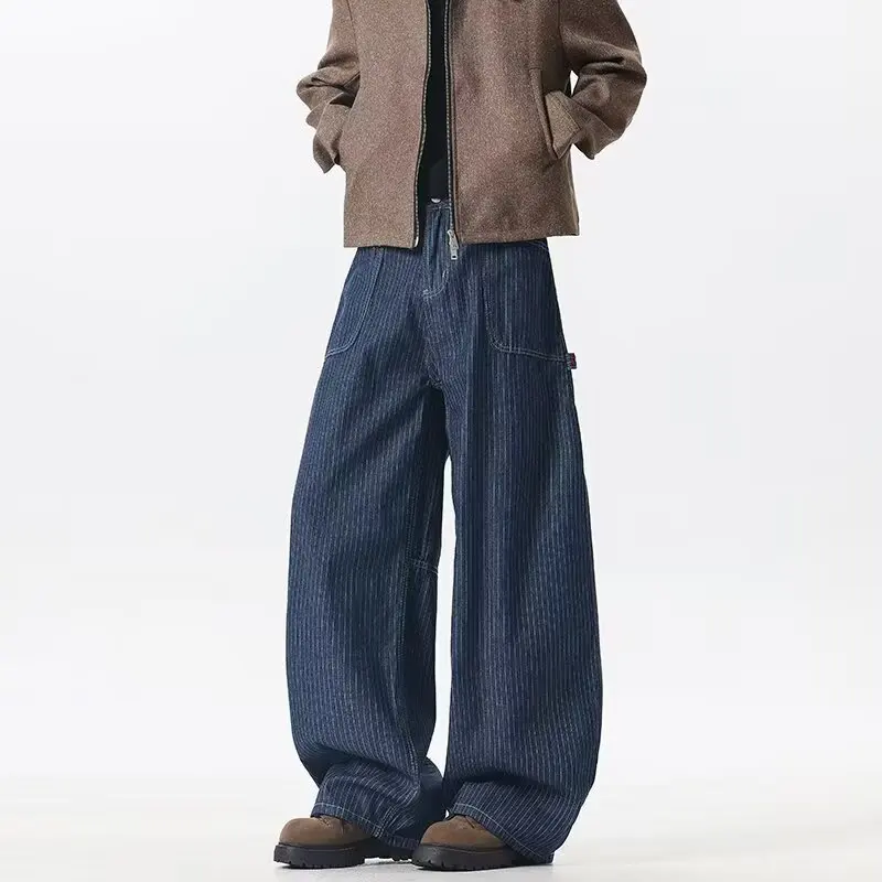 

Свободные широкие джинсы, мужские модные брендовые узор, рабочая одежда, полосатый узор, ретро, прямой крой, повседневные брюки длиной до пола