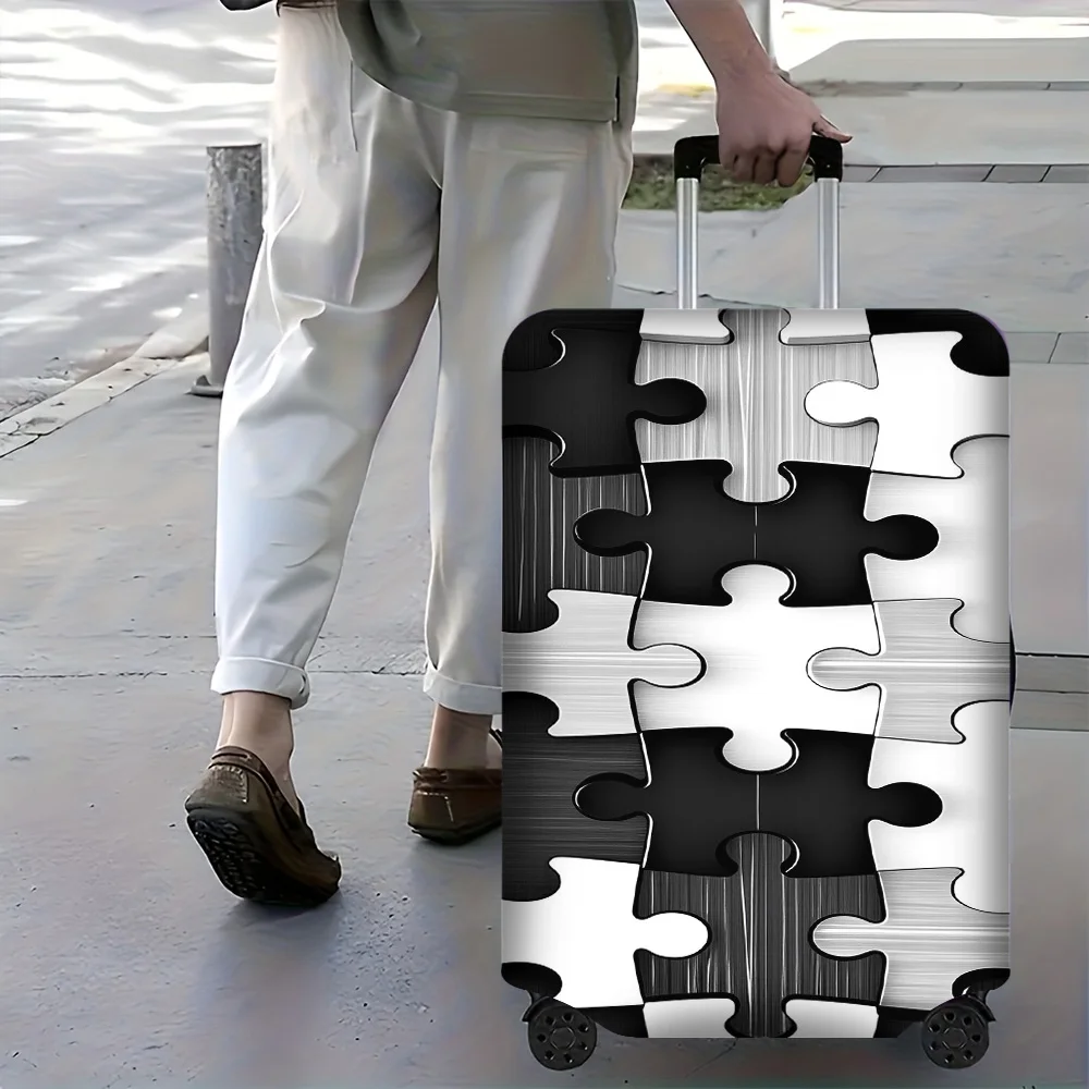 

1-piece abstract-patchwork luggage cover for luggage sizes 18-32 inches; features a dustproof elastic travel accessory to eff