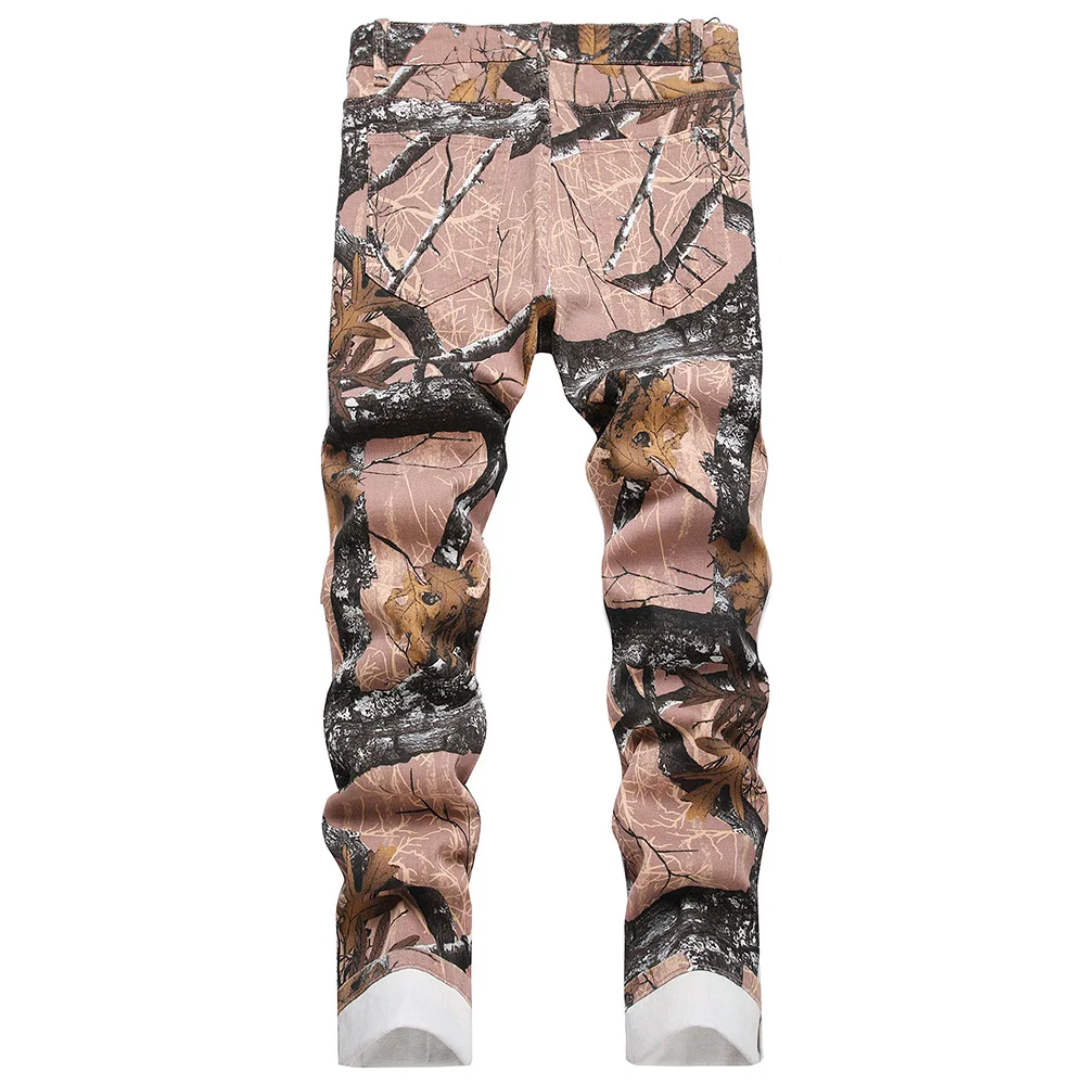 Men Camo Pattern Print Jeans Tree Camouflage Stretch Denim Pants Slim Straight Trousers