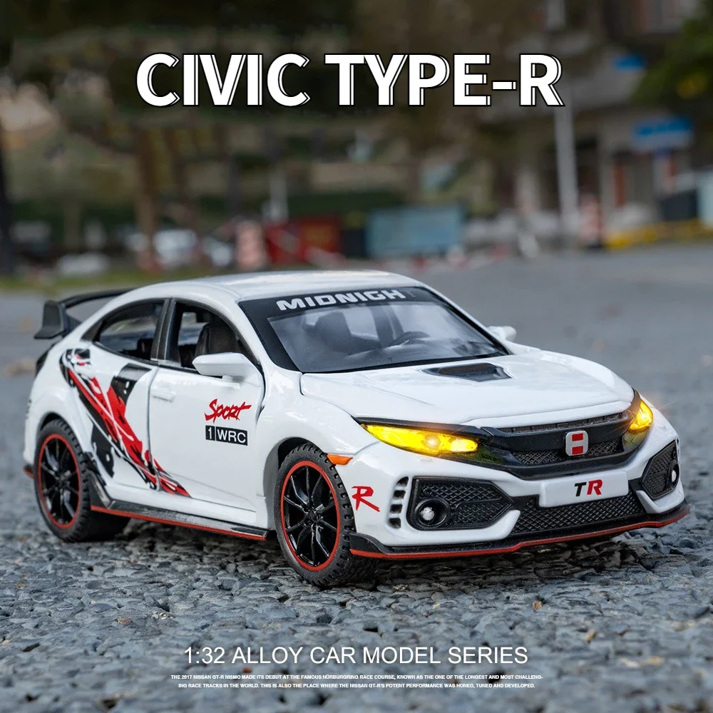 1/32 CIVIC TYPE-R Car Model Toys Diecast Alloy Vehicle 6 Doors Opened Sound Light Pull Back Metal Body Rubber Tire Toy Kids Gift