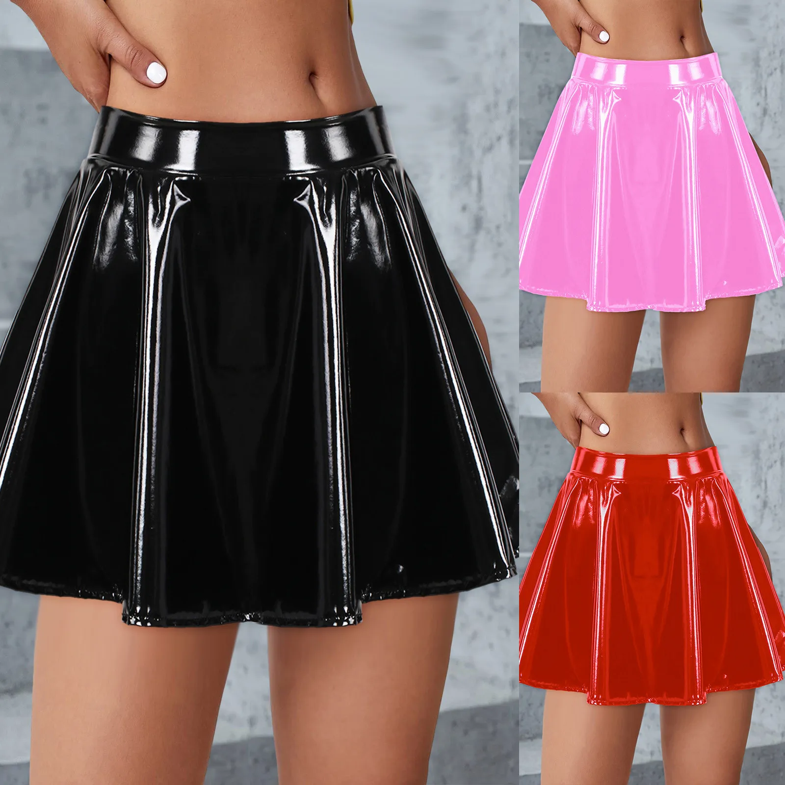 Women's A-Line Short Mini Skirts Glossy Leather Flared Miniskirt With Zippers Club Bar Pole Dance Performance Costumes 2024 new