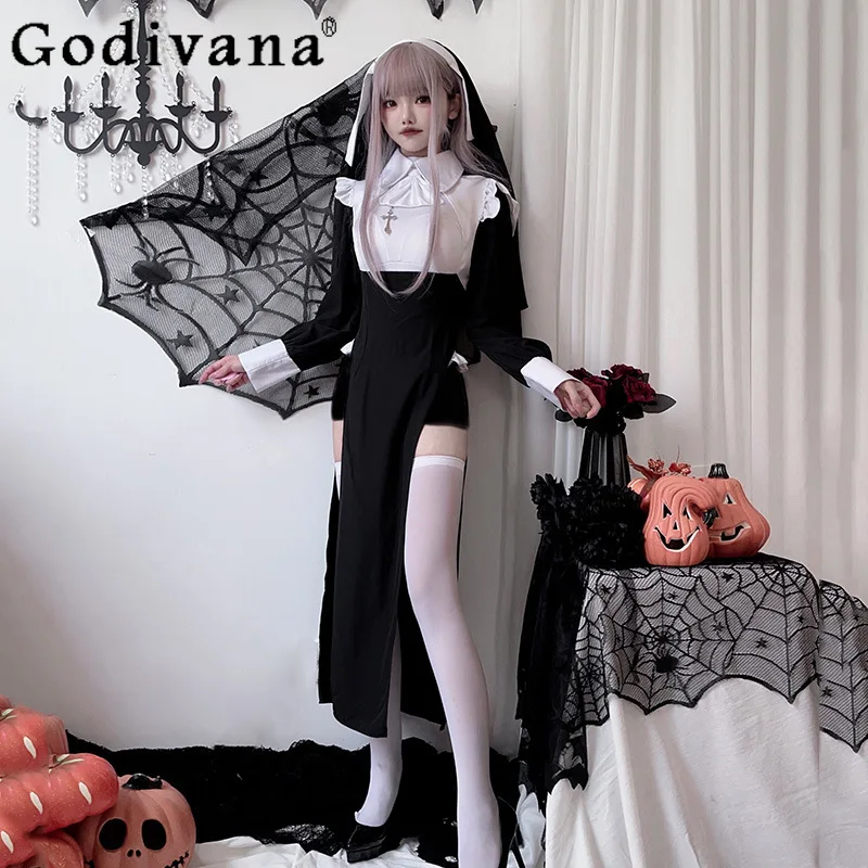 

Lady Vampire Maid Halloween Costume Grim Reaper Cosplay Nun Dress Set Women's Sexy Nurse Costume Tight Long Dress Suits