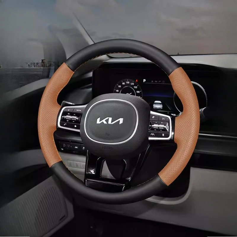 Hand-stitched non-slip Black brown Genuine leather steering wheel cover 100% Fit For Kia Carnival IV 2021 2022 2023 Volant Parts