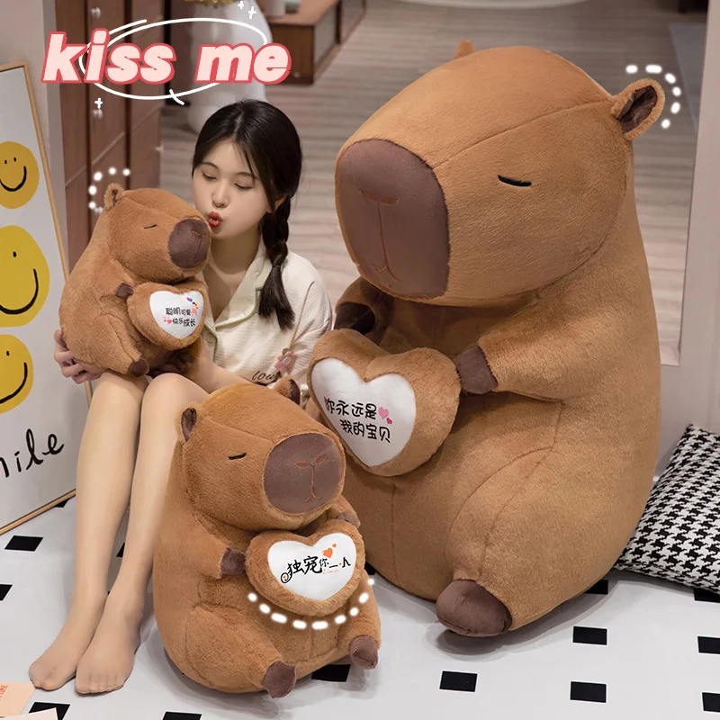 Brown Capybara Holding Heart Doll Plush Toy Sitting Aquatic Animal Say Love Plushie Big Peluche Birthday Gift