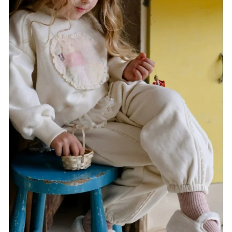 Spring and Autumn Winter Korean Children's Girl Western Style Lace Cute Floral Round Neck Hoodie and Pants Set