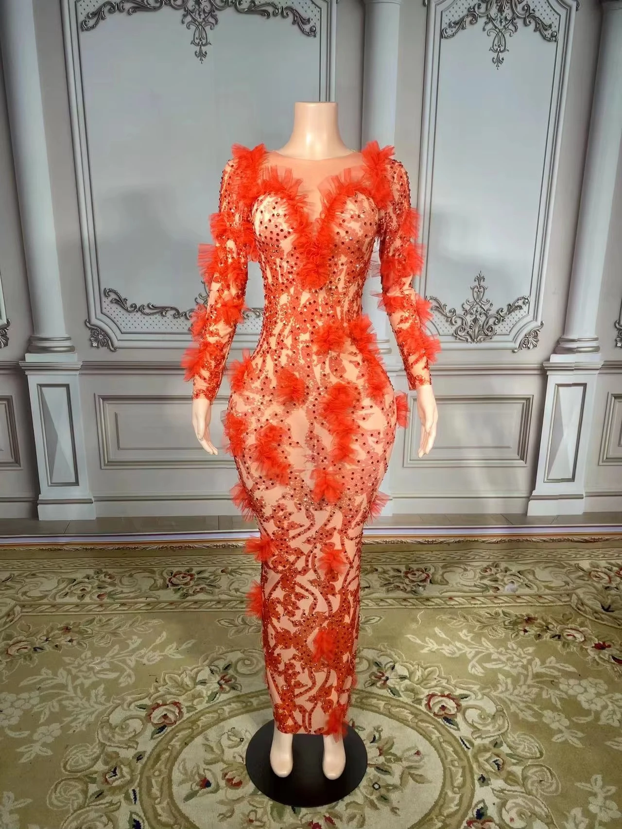 ZD  Evening Gown Dress Women Luxury Party Red Long Pearl Beaded Dress
