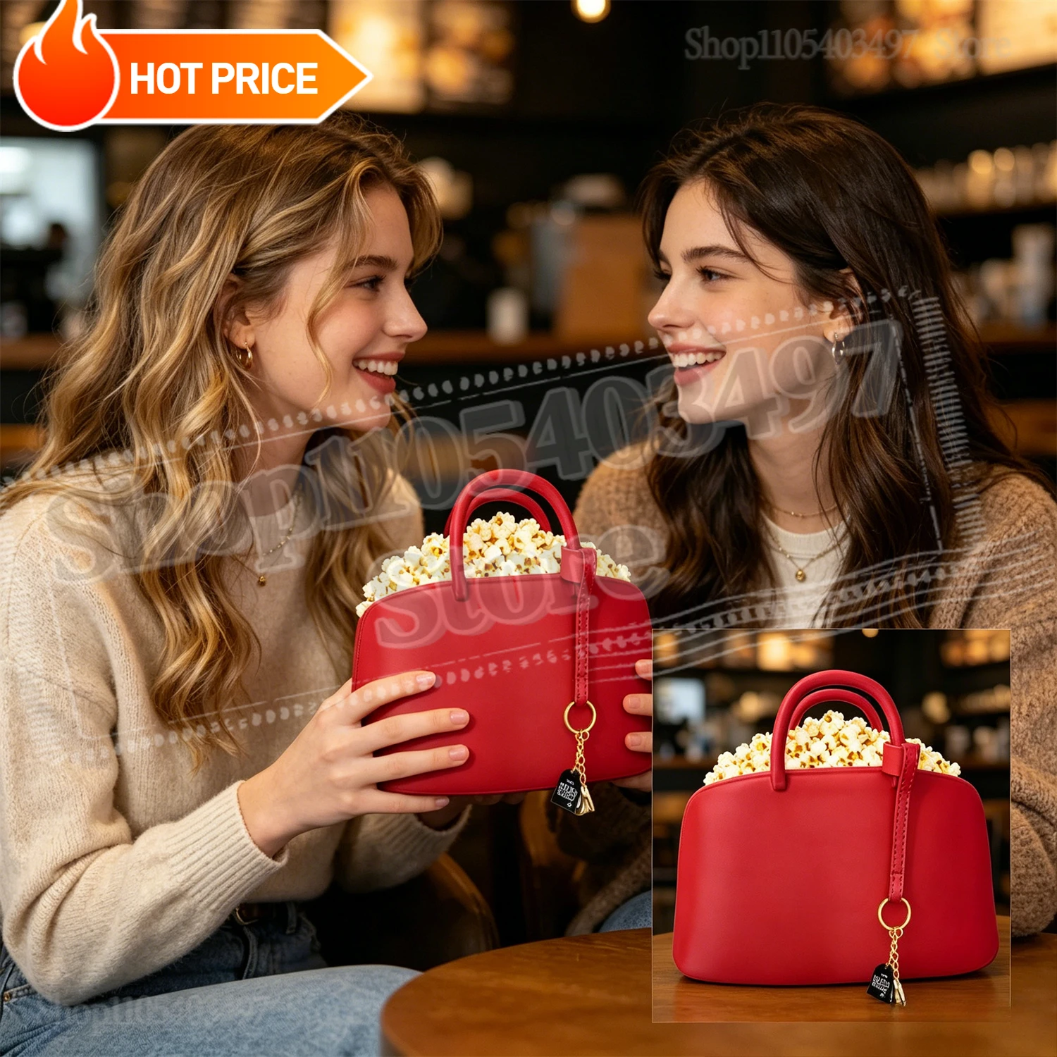 

Red Retro Boston Bag Queen 2 Popcorn Bucket Creative Leather Handbag Shaped Snack Container with Pendant for Movie Night