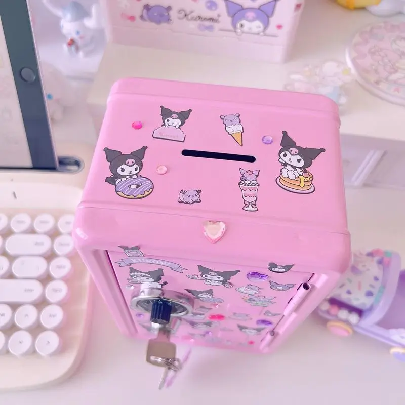 New Sanrio Cute Kawaii My Melody Cinnamoroll Wrought Iron Safe Piggy Bank Anime Girl Heart Sticker Storage Cute Key Cabinet Gift