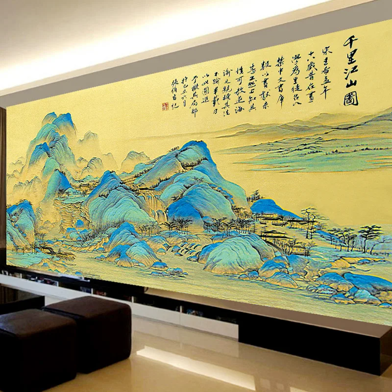 thread embroidery living room, thousands of miles of rivers and mountains, large landscape landscape painting, handmade