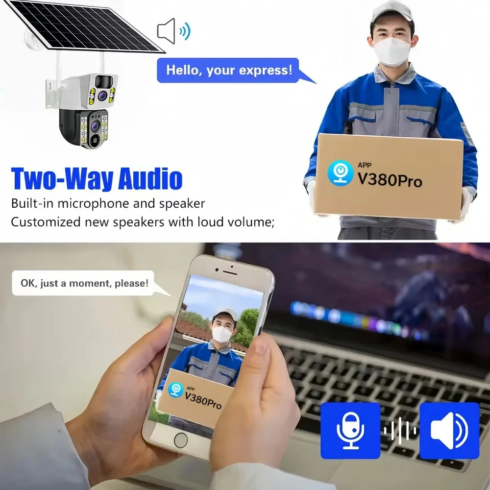 8MP Solar Camera Two lens Two Screens CCTV Outdoor PTZ Control Motion Tracking Color Night Vision Solar Cameras Waterproof