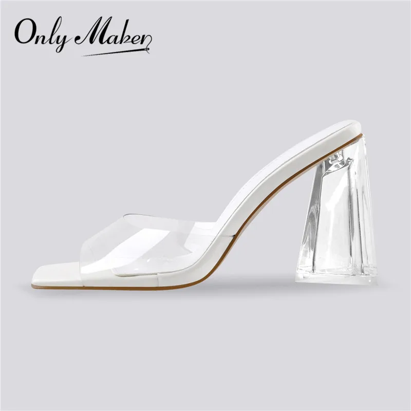 Onlymaker Women Square Toe PVC Slip on Clear High Heels Transparent Summer Concise Casual Party Dress Sandal