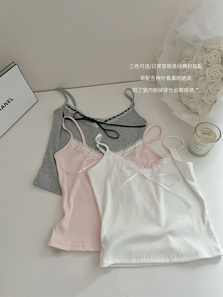 Women Camisole Y2k Streetwear Casual Vest 2000s Aesthetic Casual Female Off Shoulder Lace Bow Tank Top Spring Summer Coquette