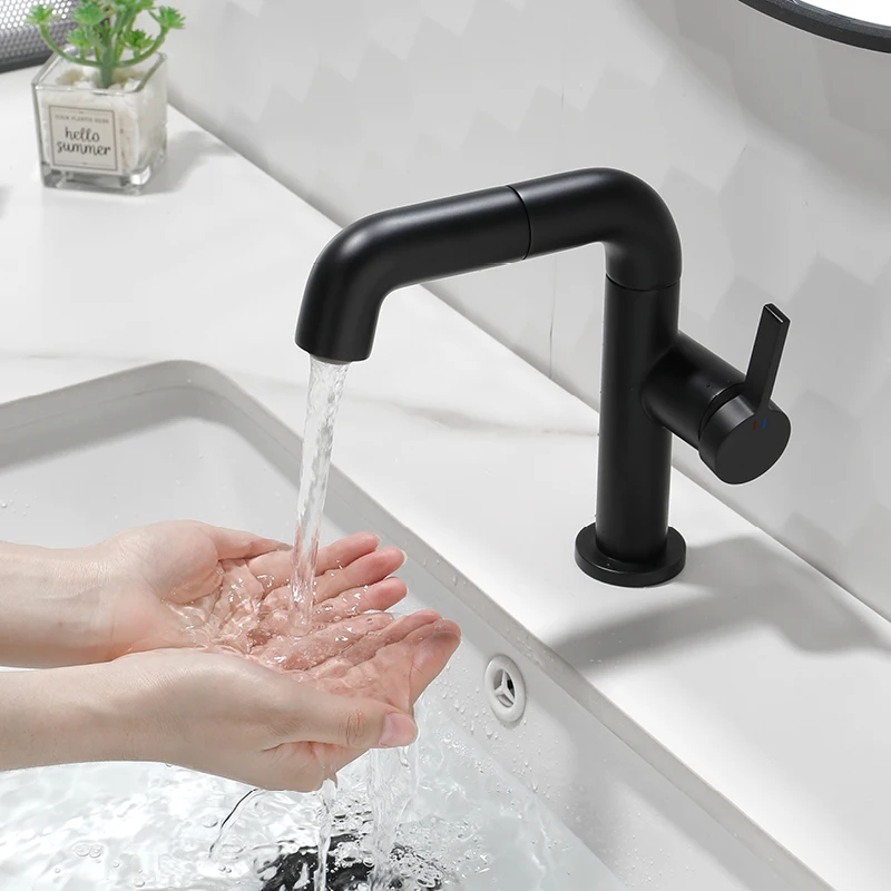 Bathroom Pull Down Sink Faucet Deck Mounted Single Hole Hot Cold Mixer Tap Contemporary One Handle Vanity Sink Faucet Black