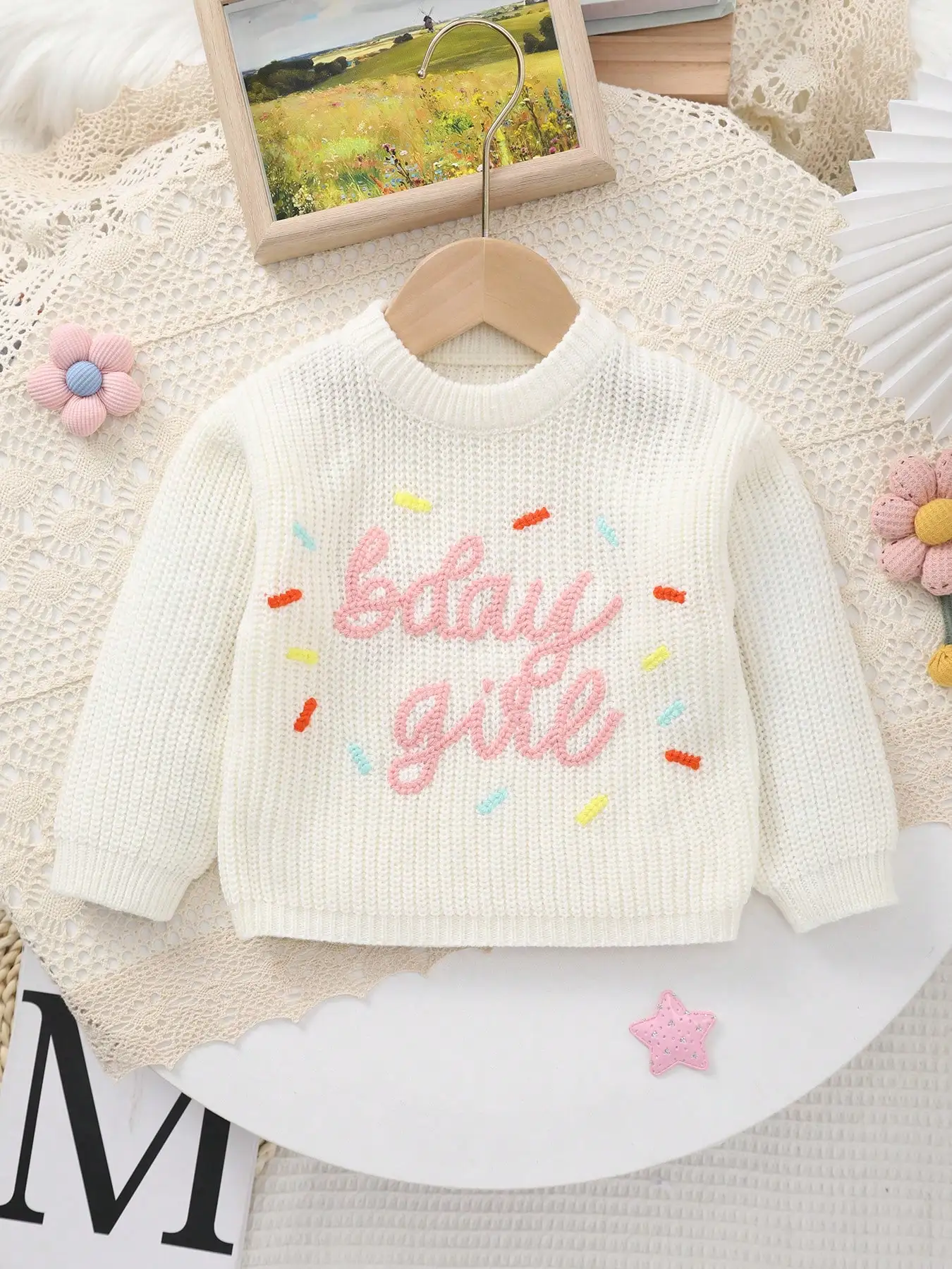 Girls' English Alphabet Color Stripe Birthday Embroidered Sweater Baby Soft Knit Top