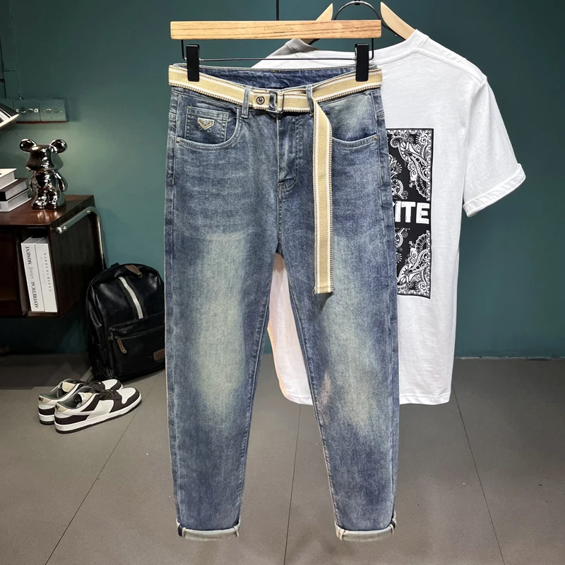 2024 NEW Matching Belt Fashion Design Men's Jeans All-Match High-End Stretch Soft Street Blue Men's Washed Long