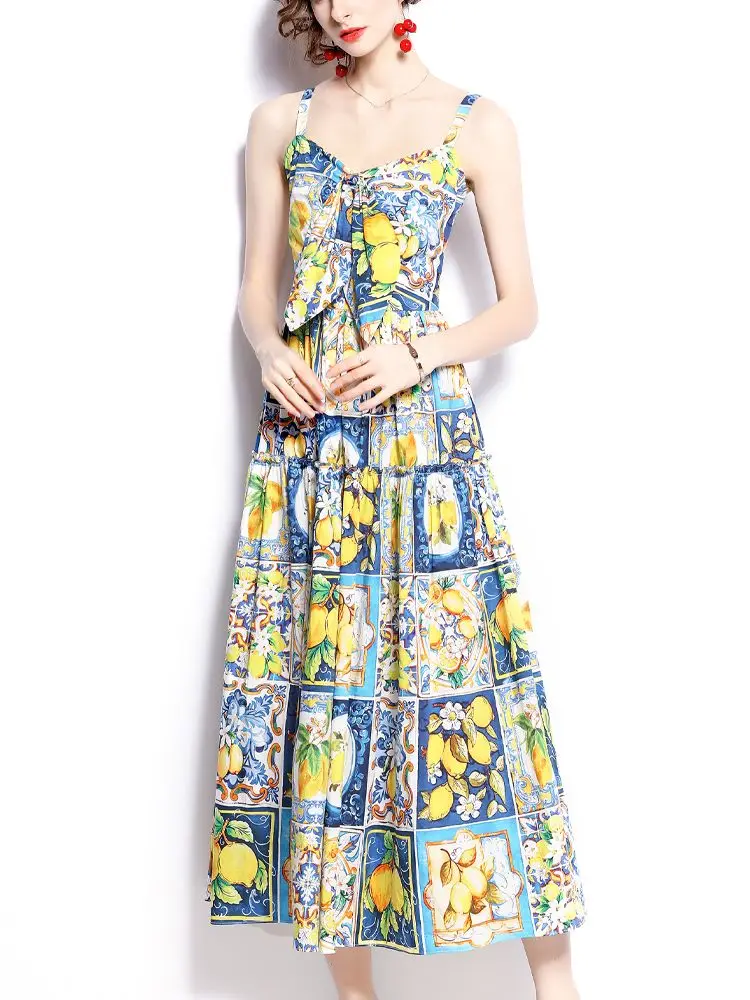 New Fashion Lemon Blue And White Porcelain Print Summer Runway Dress for Women Strapless Backless Slim Big Swing Beach Dress