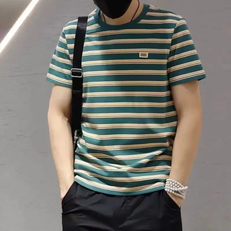 

Summer Striped Short-sleeved T-shirt Men's Loose Trendy Brand Ins Large Size Half-sleeved Fat Boys Trendy Top T-shirt Trendy