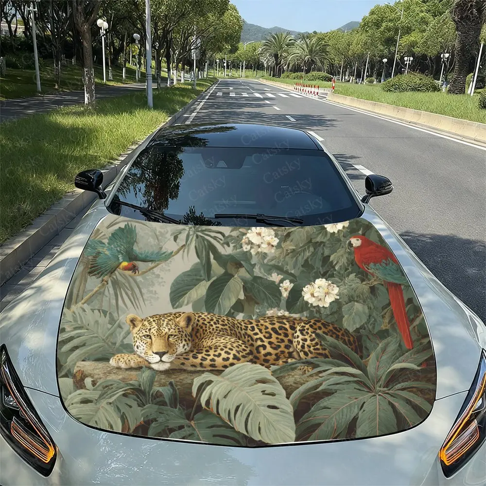 Leopard And Parrot Car Hood Decal Sticker, Durable Car Vinyl Wraps Suitable For Most Vehicles, Car Engine Hood Protective Film,C