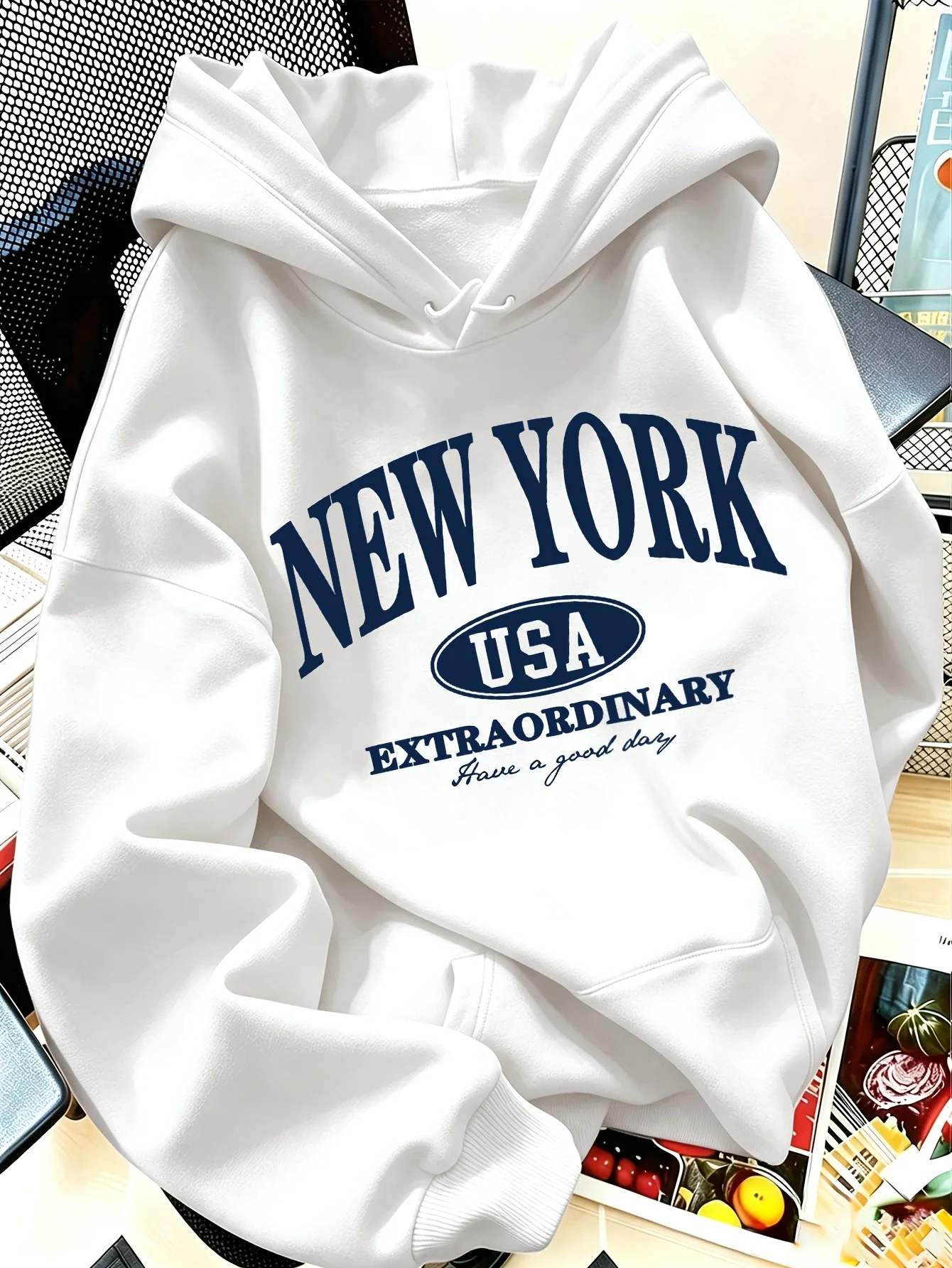 Sweat à capuche imprimé avec le mot « NEW YORK », style vintage américain, pull décontracté à motifs, vêtements de rue, tenue féminine.