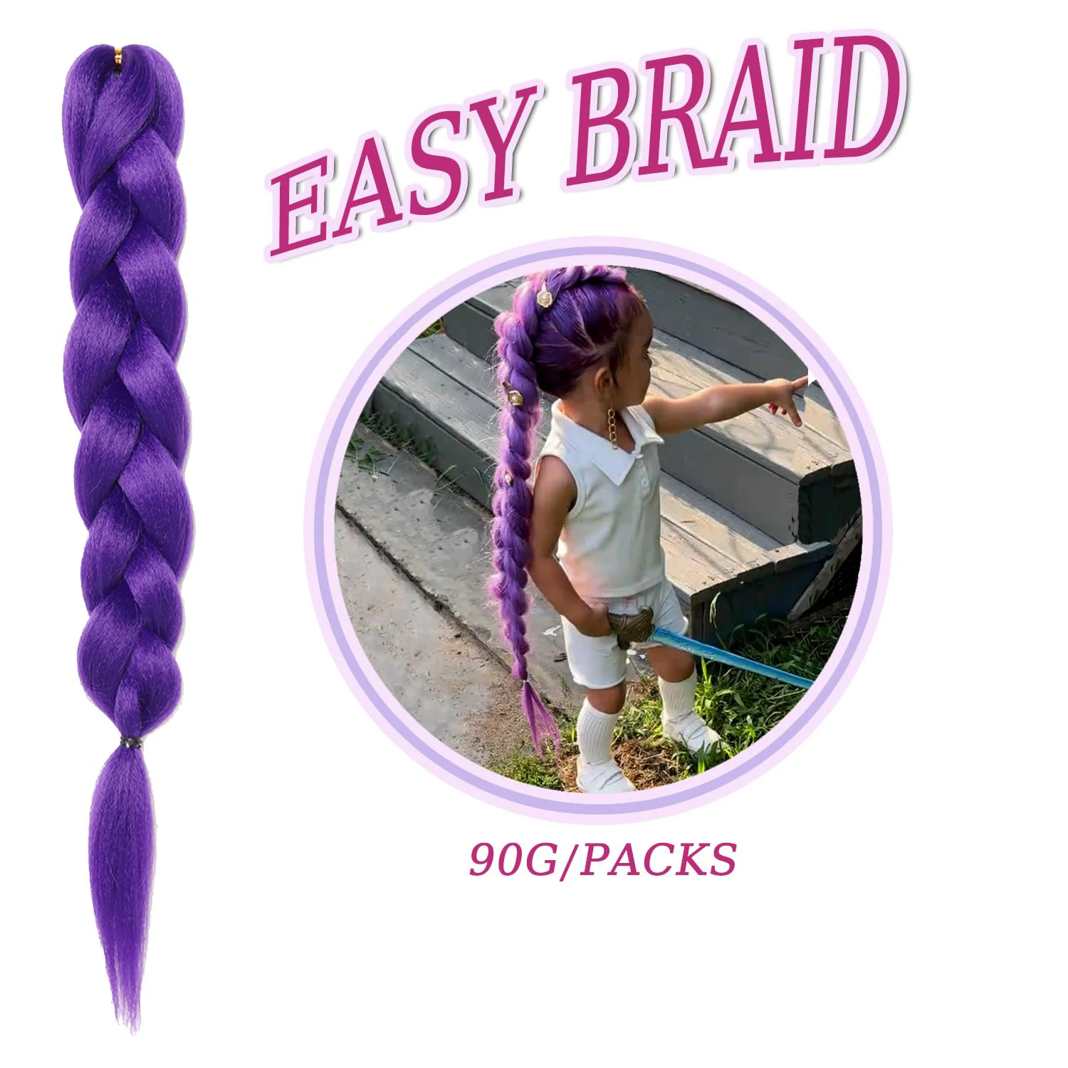 شعر تجديل أرجواني طويل - 24 بوصة شعر تجديل صناعي للأطفال مرحلة حفلة الهالوين زي تنكري اصطناعي