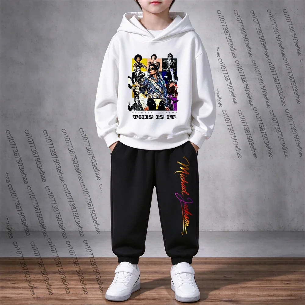 Michael Jackson Printed Kids Hooded Sweatshirt Two-Piece Suit 3-12Y Boys Girls Autumn Long Sleeve Hood Jacket Pants Clothing
