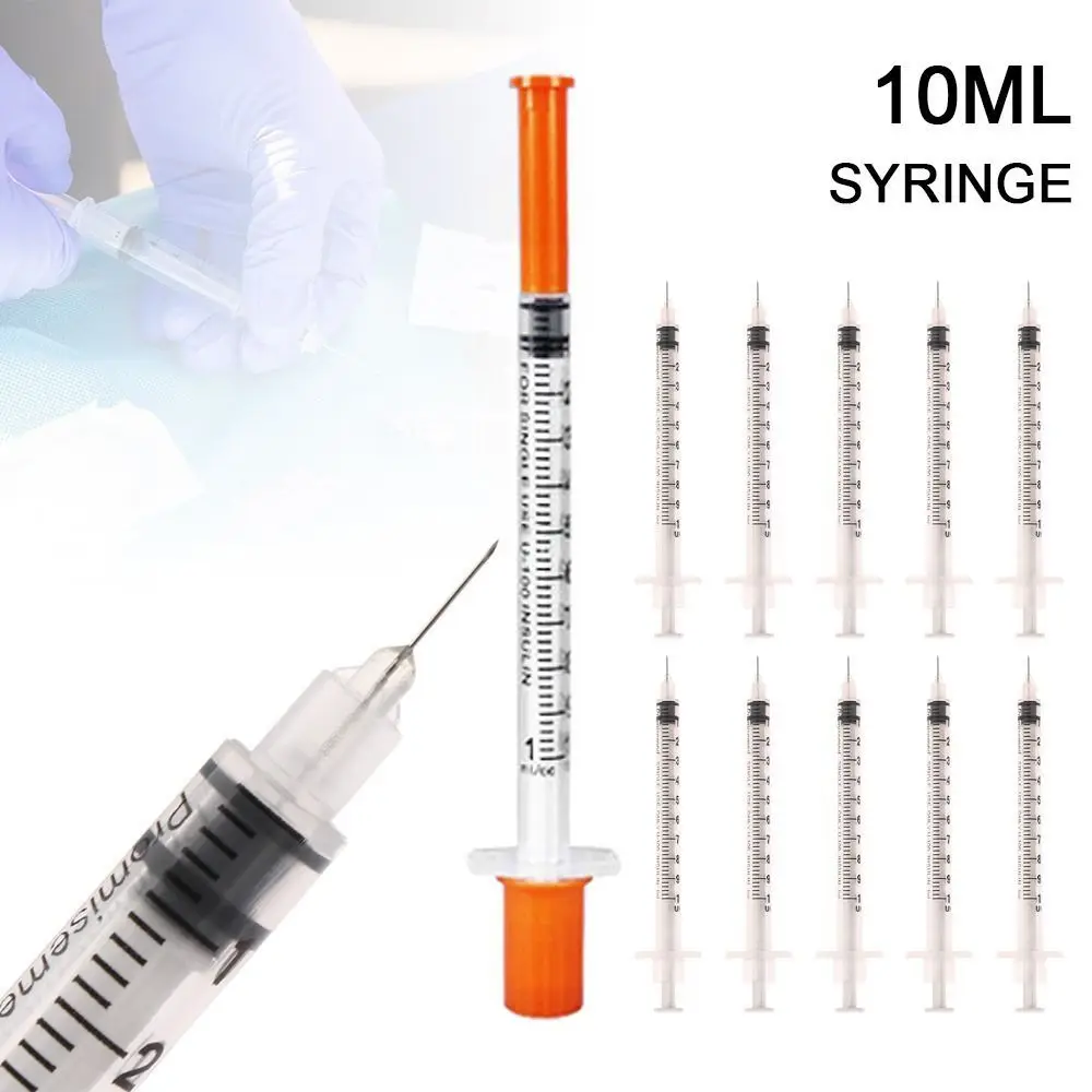 Seringa veterinária descartável, Seringa estéril de plástico, Tampa laranja com agulhas para animais de estimação, fazenda, animais, gado, ovelhas, cavalos, 1ml, 10pcs